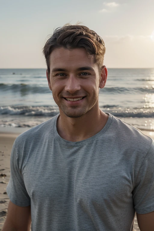 ((best quality)), ((masterpiece)), ((high res)), ((perfect photograph)), ((realistic)), (perfect face), handsome man, wearing a straight black shirt, in the sun, light shining on shirt, no wrinkles on shirt, standing on the beach facing the camera, military high and tight haircut, dark brown hair, scruffy dark facial hair, smiling, skinny athletic, tall, wearing shorts, happy, sunny day, blue eyes, a little bit of a dimple in his right cheek of his smile, a Norwegian decent, wearing American clothing,