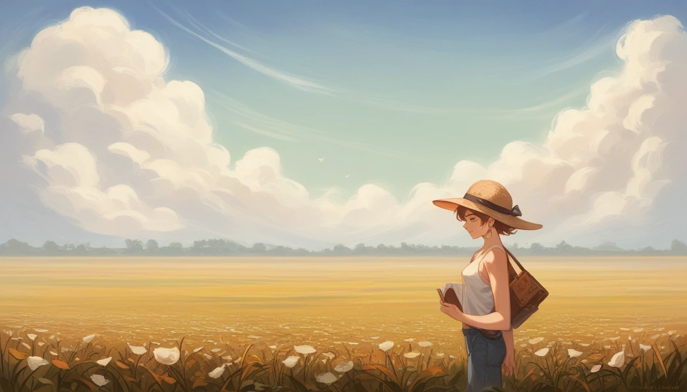 score_9, score_8_up, score_7_up, score_6_up, score_5_up, score_4_up,side view, Studio type illustration,Story book illustration,oil painting, field of tulips and leaf,white tulips, a beautiful female, highlighed hairs,wearing tanktop,hats,standing in the Middle the feild, 