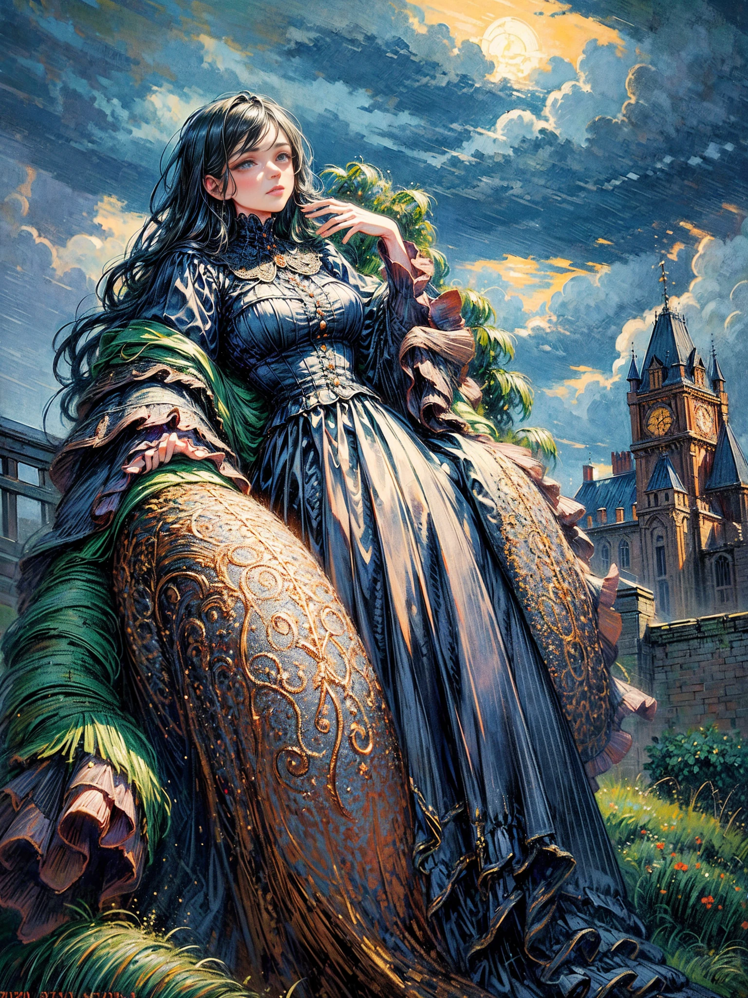 ((nobody)) vintage victorian style, accurate old encyclopedia (best quality:1.2), (detailed:1.2), (masterpiece:1.2), Retro illustration of a dark castle on a hill, dark stormy weather, storm, rain, night, castle tower gleaming, oil painting
