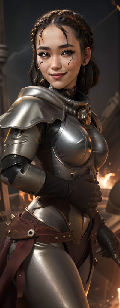 Photo of adepta sororitas, argent shroud, full armor, full metal armor, Christina Chong beautiful face, narrowed eyes. smirk. black braided hair with narrowed eyes, wearing intricate ornamented metal armor, stern face,, solo, (female:1.2), epic, platinum white armor, white pelvic curtain, bronze trimmings, , facial scar, iron halo, ((upper body:1.3)) focus, close-up, banner background,