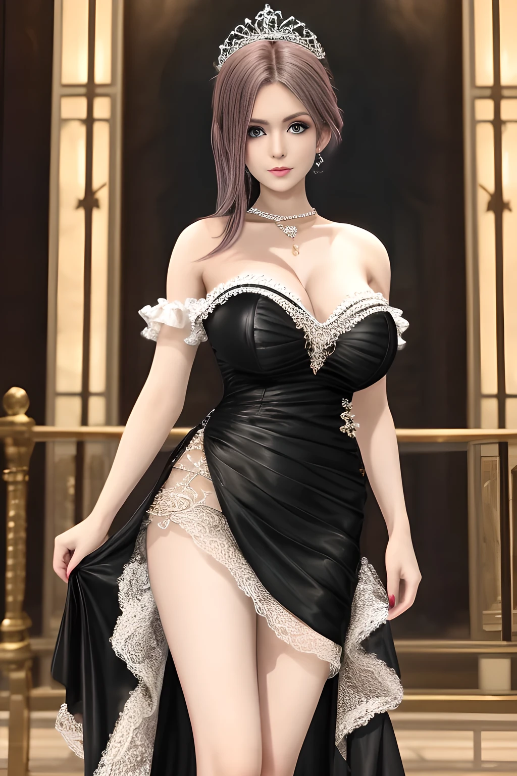 1girl is wearing an elegant black strapless dress. The dress is beautifully designed with ruching on the bodice and a cascading ruffled asymmetrical hem, adding a playful and chic touch to the outfit. The person is standing upright, with one hand gently touching their leg and the other hand relaxed by their side. The background is plain and neutral, drawing attention to the dress itself. The lighting is soft, highlighting the details of the dress and creating a fashionable and stylish atmosphere,, huge breasts, elise
