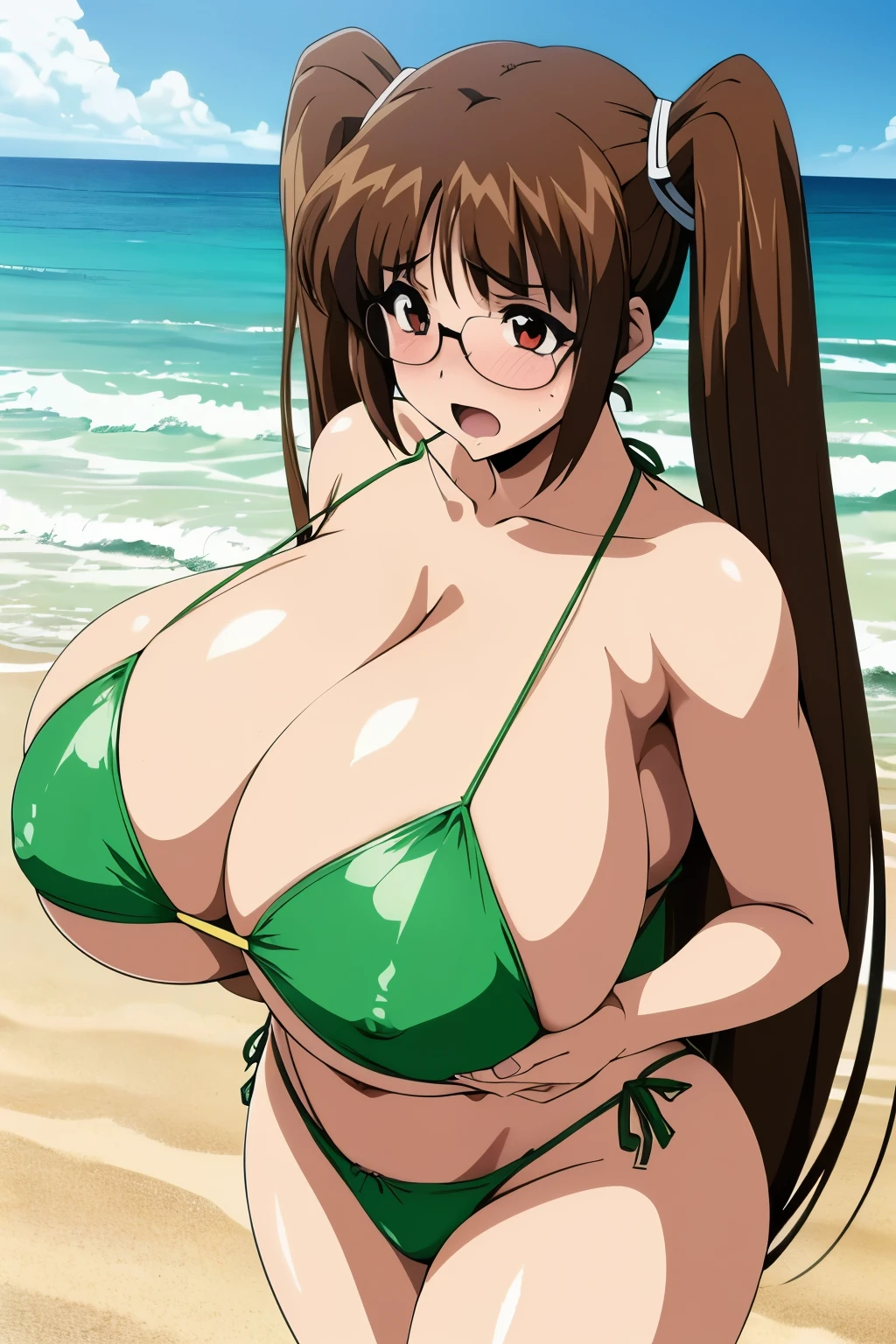 (anime,anime style:1.3), a very y girl wearing green micro bikini, very giant bre90s anime style), 1girl, Red Eyes, Twin-tailed, Brown hair, cleavage cgirl, solo, nature, chest twice the size of the body, (gigantic tits:1.5), (gigantits)+++,gigantic clea breasts, Big milkburst bregigantic breasts)+++, chubby++, curvy, ssbbw, orgarge :1.2),(((huge-breasted:1.5))), (big areo(gigantic cleavage breasts, dg chest, breast apart: (Green Strapless Bi), (eye g2), Beautiful face, (nose:1.4), lightsmile, (Beach:1.5), tight top, (Large crowds:1.3), Looking at Viewer, full body, open Mouth, nsfw