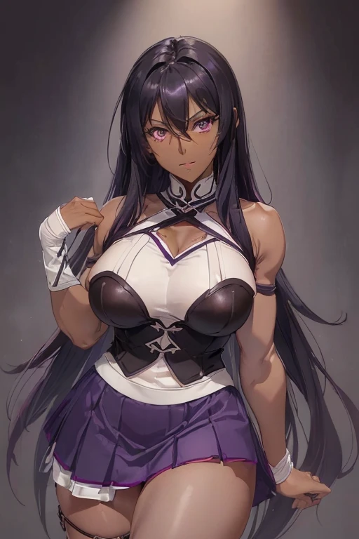 (isade), (1 girl),(Mature body woman), (pretty: 1.5), (super hot: 1.5), (dark skin: 2.0), (long dark purple hair and dark purple eyes), (And super gigantic breasts: 1.5), (Height 1.20), (beautiful young woman), (super beautiful 18 year old teenager), (wearing), +, (\a tight bodice that barely contained her gigantic breasts, while her short skirt exposed her toned legs)/