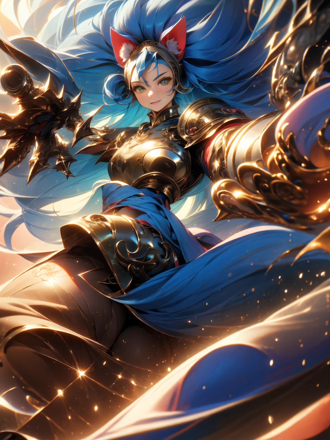 ((Masterpiece, Best Quality, anime style)), Felicia, Blue hair, Green eyes, cat eyes, Cat tail, busty, big breasts, big ass, happy, smile, kicking, giving a kick, sexy white plate armor, gauntlets armors, graves armors, lewd, in a medieval city, illustration, ultra-detailed 8K, clear focus, highly detailed, professional lighting, colorful details, colors BREAK,