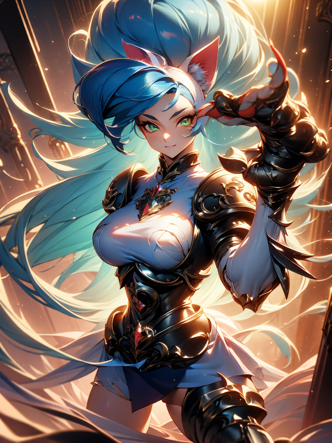 ((Masterpiece, Best Quality, anime style)), Felicia, Blue hair, Green eyes, cat eyes, Cat tail, busty, big breasts, big ass, happy, smile, kicking, giving a kick, sexy white plate armor, gauntlets armors, graves armors, lewd, in a medieval city, illustration, ultra-detailed 8K, clear focus, highly detailed, professional lighting, colorful details, colors BREAK,