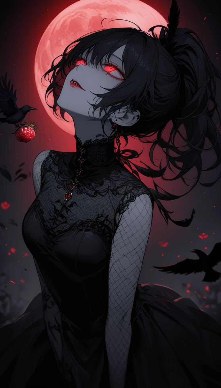 (Dark and scary atmosphere,Gothic Fashion,Dark colors),(Highest quality,Super exquisite item),Very sexy vampire girl,In a rose garden in full bloom on a red full moon night,Beautiful and delicate eyes,Beautiful black straight ponytail,Crow's feathers,Red lipstick,A mysterious and seductive smile,Pale skin,Fishnet tights,Monochrome lace dress,Captivating pose,The moonlight illuminates her silhouette,shadows and highlights,Create a calm and lively atmosphere,Lighting effects to make her look beautiful,A fantastic background created by darkness and moonlight,She is tall and looks like both an adult and a .,A crow is flying,Crow's feathersが舞う,Looking up, biting into a pomegranate,Pomegranate juice dripping,Woman Falling Headfirst