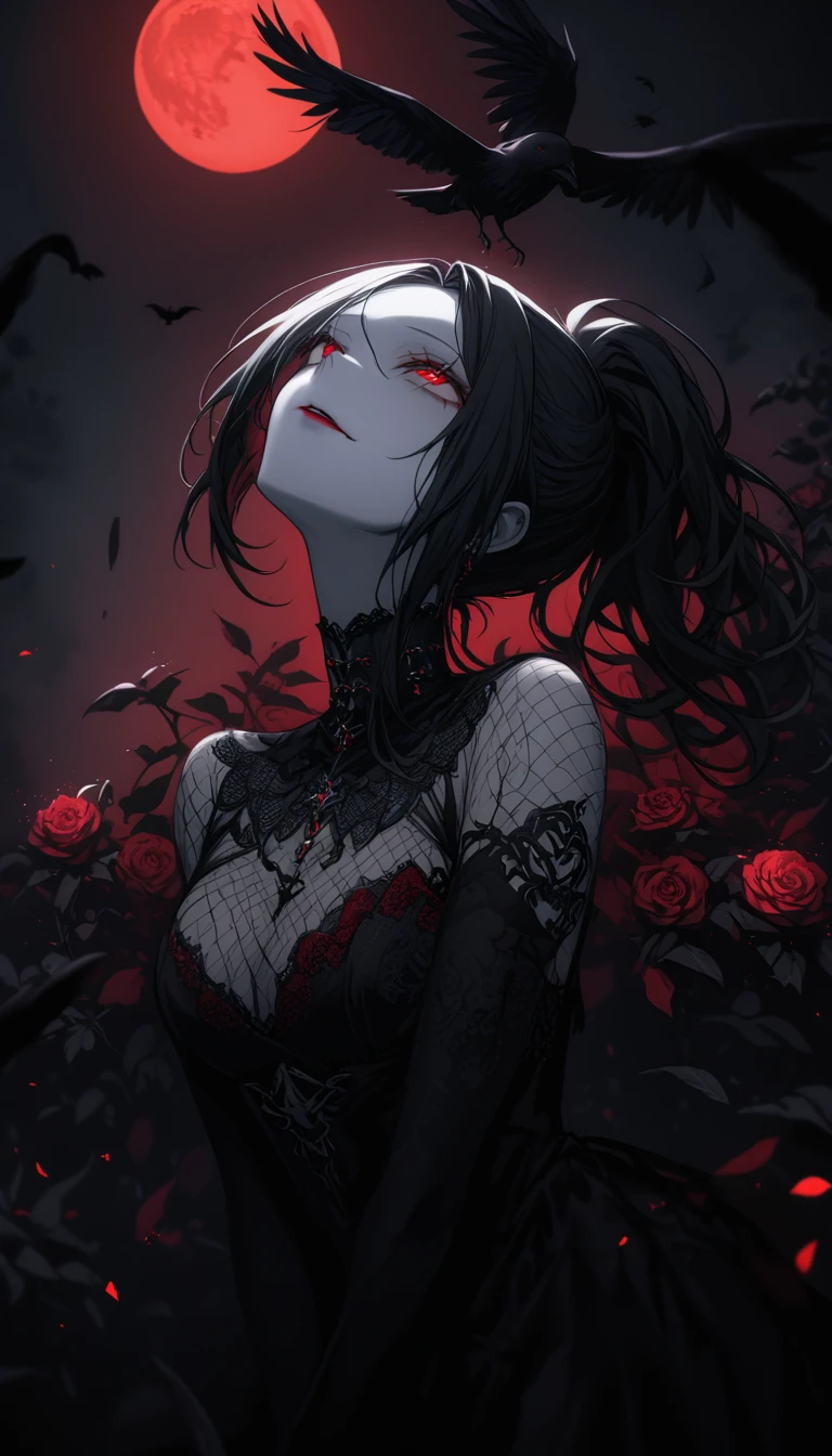 (Dark and scary atmosphere,Gothic Fashion,Dark colors),(Highest quality,Super exquisite item),Very sexy vampire girl,In a rose garden in full bloom on a red full moon night,Beautiful and delicate eyes,Beautiful black straight ponytail,Crow's feathers,Red lipstick,A mysterious and seductive smile,Pale skin,Fishnet tights,Monochrome lace dress,Captivating pose,The moonlight illuminates her silhouette,shadows and highlights,Create a calm and lively atmosphere,Lighting effects to make her look beautiful,A fantastic background created by darkness and moonlight,She is tall and looks like both an adult and a .,A crow is flying,Crow's feathersが舞う,Looking up, biting into a pomegranate,Pomegranate juice dripping,Woman Falling Headfirst