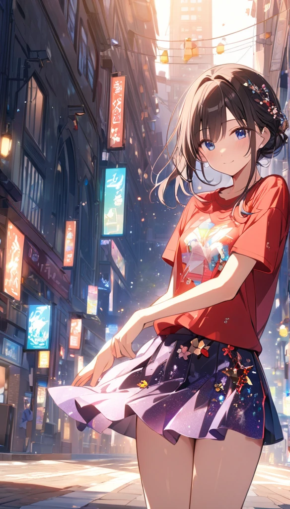 高いquality illustration, masterpiece, 
Very delicate and beautiful, 
Attractive girl,(Floral,A T-shirt with glittery embellishments,perfect mini skirt,dress),
thin,Slender body,slim,
Urban Background,
Princess, Beautiful Eyes,A light smile,(masterpiece, Highest quality:1.2), 
High resolution, Very detailed CG ユニティ 8k 壁紙, 
Perfect lighting, colorful, 超High resolution,4K,Very detailed, 
photograph, 8k, High resolutionolution, 
Model pose Subtle gradient effect Glitter effect, 
Lens flare, 