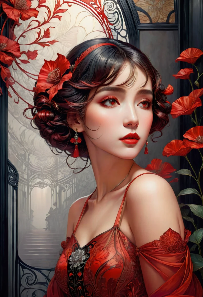 (masterpiece, best quality:1.2), 1 girl, alone,beautiful face，Red Reminimalist Art Nouveau，illustration style，black and red