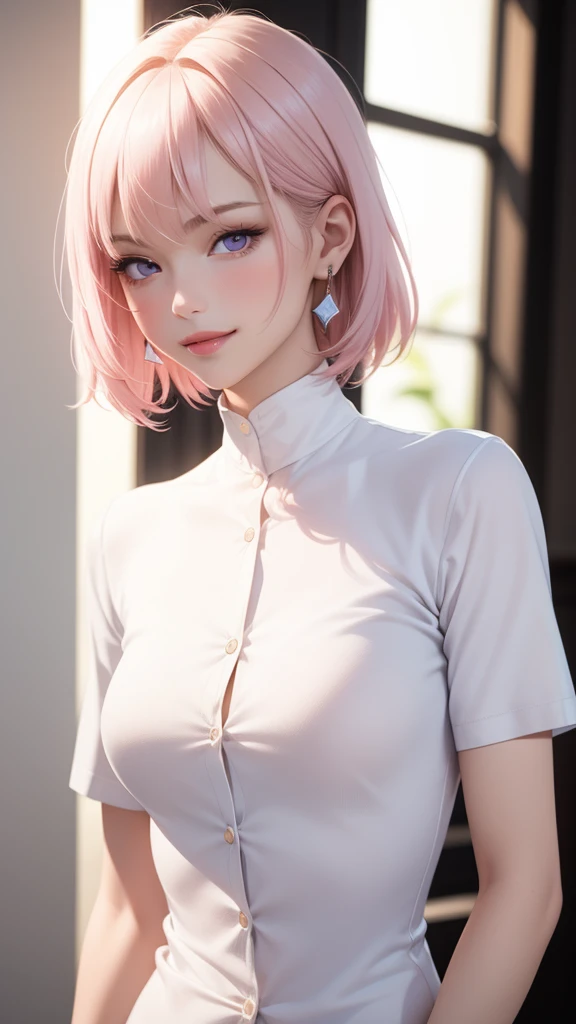 (masterpiece, best quality), intricate details, thin, ((slim)), beautiful girl, Light pink hair, white skin, light purple eyes, sharp jawline,White shirt , messy hair, lips, upper body, smirk