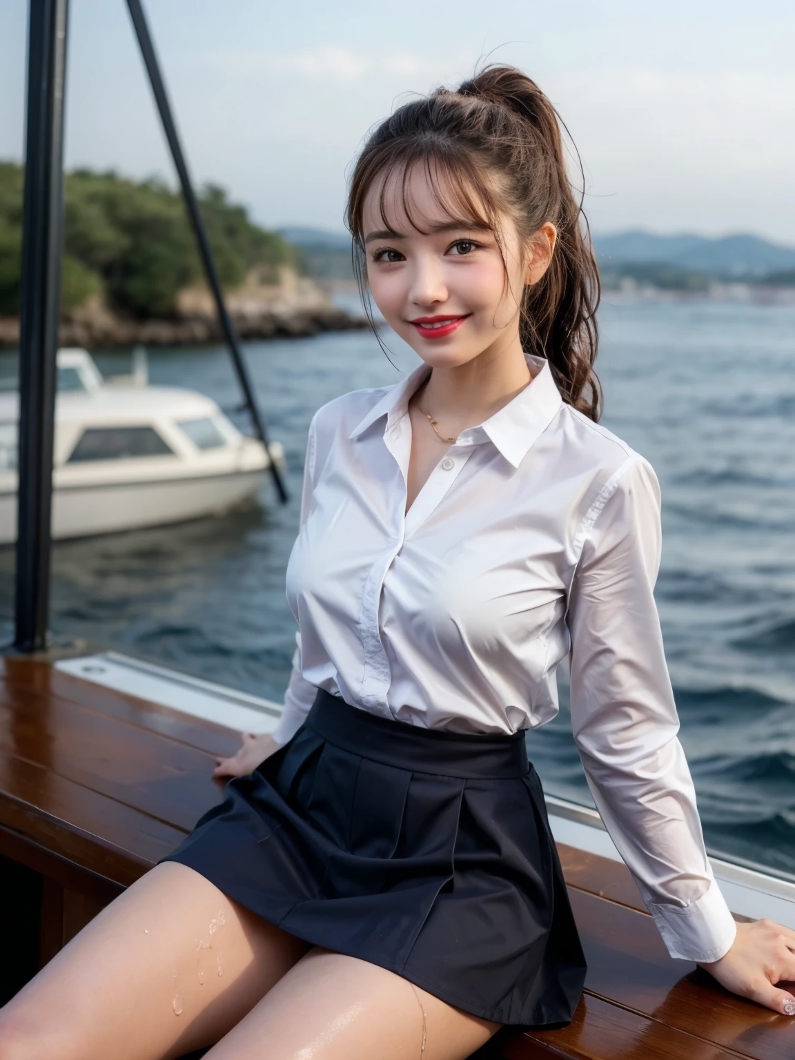Gray background、pubic hair、Large Breasts、Thighs、Red lipstick、Cute woman、high school girl、White shirt、(Navy blue skirt)、smile、Open chest shirt、(A polka dot shirt that was wet and showed her underwear)、Wet Hair、Gazing at the sea、smile、On the boat、Raising his arms、Looking from below、ponytail、