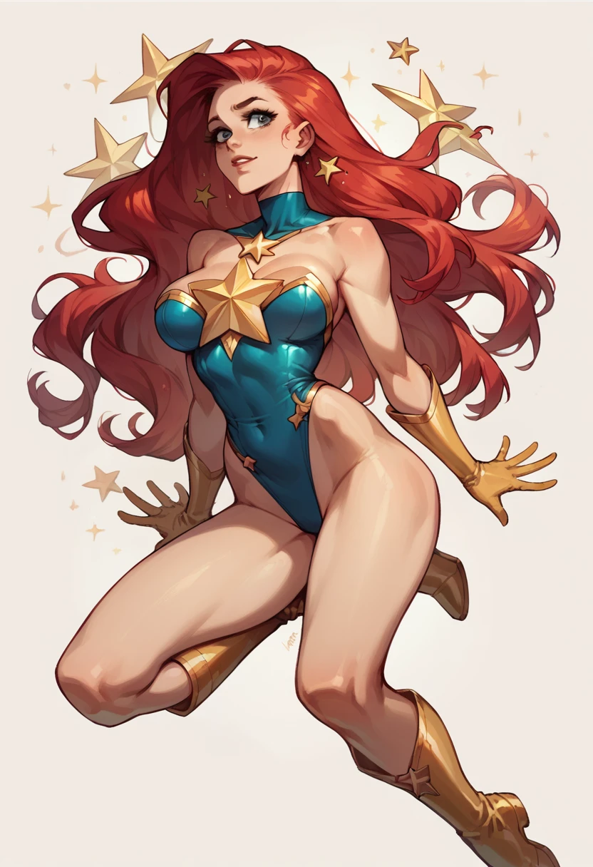 masterpiece, Sexy, Superheroine, Red hair, long hair, busty, ((blue highleg leotard with a t-back thong and a gold star insignia on chest)), gold boots, gold gloves,