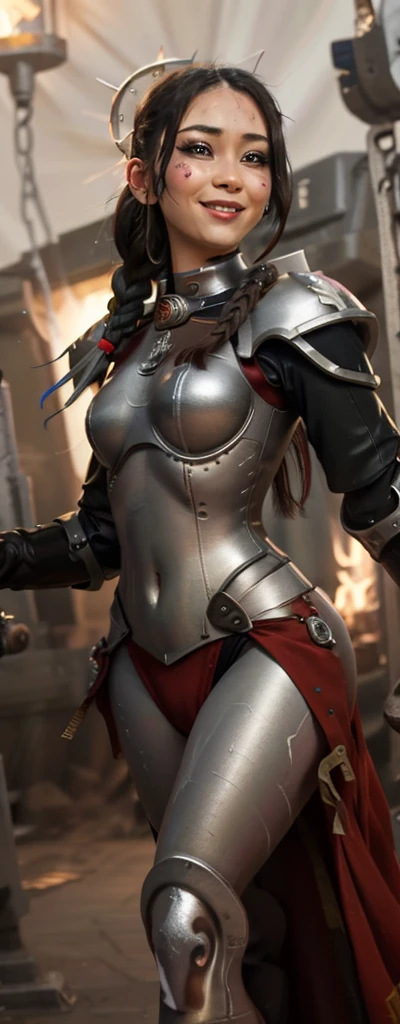 Photo of adepta sororitas, argent shroud, full armor, full metal armor, Christina Chong beautiful face, narrowed eyes. smirk. black braided hair with narrowed eyes, wearing intricate ornamented metal armor, stern face,, solo, (female:1.2), epic, platinum white armor, white pelvic curtain, bronze trimmings, , facial scar, iron halo, ((upper body:1.3)) focus, close-up, banner background,
