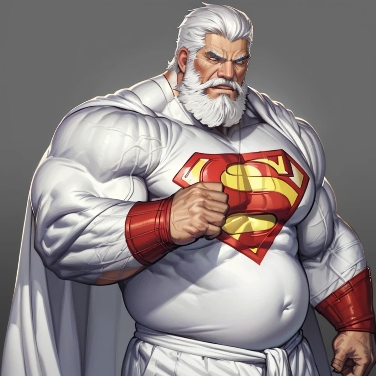 painted standup portrait of beefy older superman in white, white hair, white beard, masculine, mature, handsome, muscular, big round belly, intricate, digital painting, artstation, smooth, sharp focus, illustration