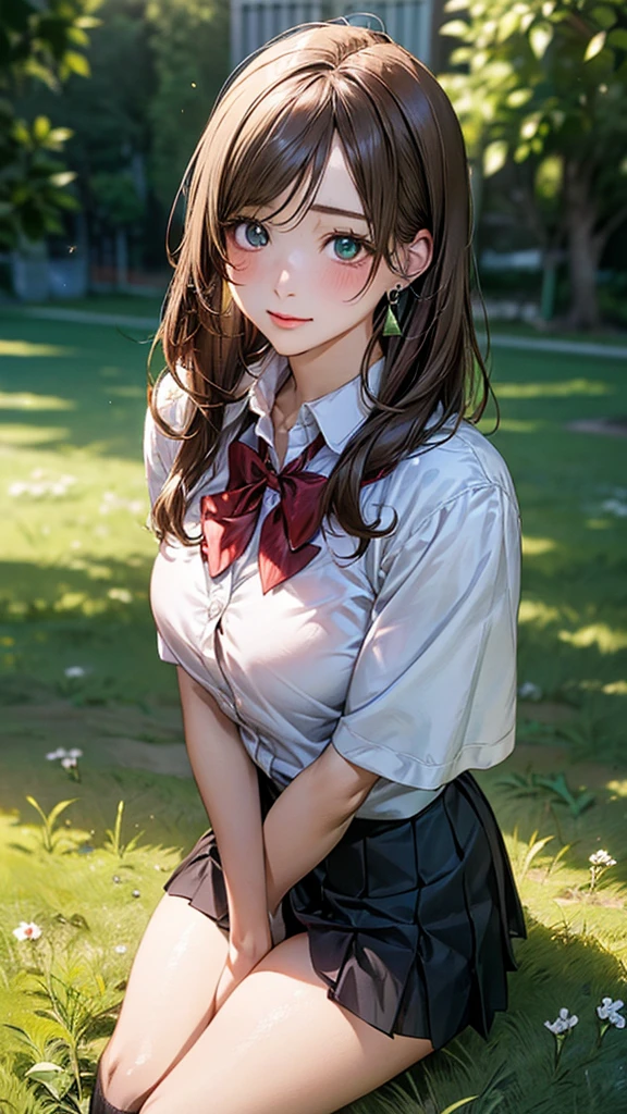 (masterpiece:1.2, top-quality), (realistic, photorealistic:1.4), beautiful illustration, (natural side lighting, movie lighting), 
looking at viewer, cowboy shot, front view:0.6, 1 girl, japanese, high school girl, perfect face, cute and symmetrical face, shiny skin, 
(long hair:1.8, straight hair:1.7, light brown hair), parted bangs, emerald green eyes, long eye lasher, (large breasts:0.9, thick thighs), 
beautiful hair, beautiful face, beautiful detailed eyes, beautiful clavicle, beautiful body, beautiful chest, beautiful thigh, beautiful legs, beautiful fingers, 
((, white collared shirts, black pleated mini skirt, black socks, brown loafers, red bow tie)), break, hoop ring earrings, pink panties, dark blue violet cardigan, break,
(beautiful scenery),
In a grassy field, a girl iand their bodies are piled on top of each other.
Her face is bright red and flushed with embarrassment.
