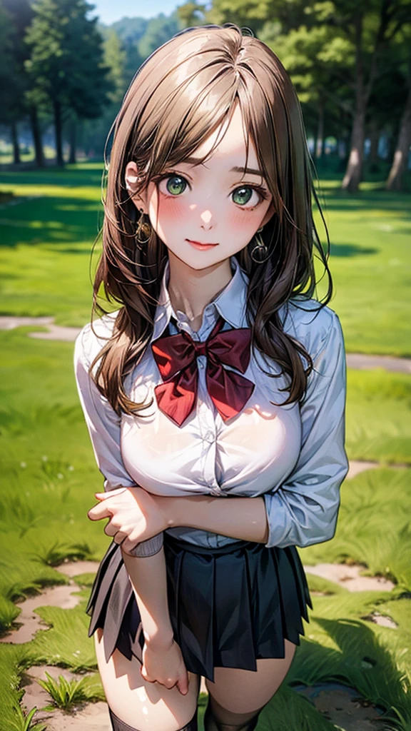 (masterpiece:1.2, top-quality), (realistic, photorealistic:1.4), beautiful illustration, (natural side lighting, movie lighting),
looking at viewer, cowboy shot, front view:0.6, 1 girl, japanese, high school girl, perfect face, cute and symmetrical face, shiny skin,
(long hair:1.8, straight hair:1.7, light brown hair), parted bangs, emerald green eyes, long eye lasher, (large breasts:0.9, thick thighs),
beautiful hair, beautiful face, beautiful detailed eyes, beautiful clavicle, beautiful body, beautiful chest, beautiful thigh, beautiful legs, beautiful fingers,
((, white collared shirts, black pleated mini skirt, black socks, brown loafers, red bow tie)), break, hoop ring earrings, pink panties, dark blue violet cardigan, break,
(beautiful scenery),
In a grassy field, a girl iand their bodies are piled on top of each other.
Her face is bright red and flushed with embarrassment.