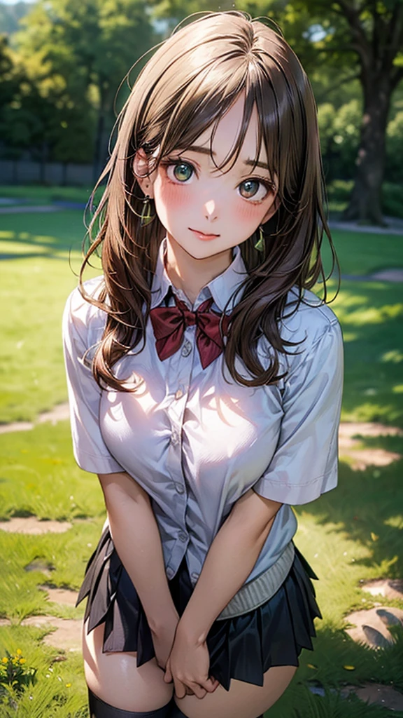 (masterpiece:1.2, top-quality), (realistic, photorealistic:1.4), beautiful illustration, (natural side lighting, movie lighting),
looking at viewer, cowboy shot, front view:0.6, 1 girl, japanese, high school girl, perfect face, cute and symmetrical face, shiny skin,
(long hair:1.8, straight hair:1.7, light brown hair), parted bangs, emerald green eyes, long eye lasher, (large breasts:0.9, thick thighs),
beautiful hair, beautiful face, beautiful detailed eyes, beautiful clavicle, beautiful body, beautiful chest, beautiful thigh, beautiful legs, beautiful fingers,
((, white collared shirts, black pleated mini skirt, black socks, brown loafers, red bow tie)), break, hoop ring earrings, pink panties, dark blue violet cardigan, break,
(beautiful scenery),
In a grassy field, a girl iand their bodies are piled on top of each other.
Her face is bright red and flushed with embarrassment.