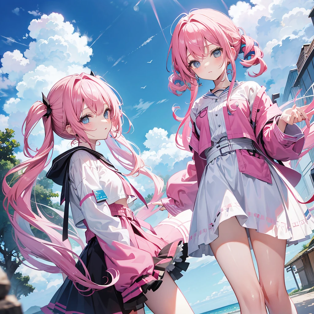 Pink Hair pale Light blue eyes Twin tails One person