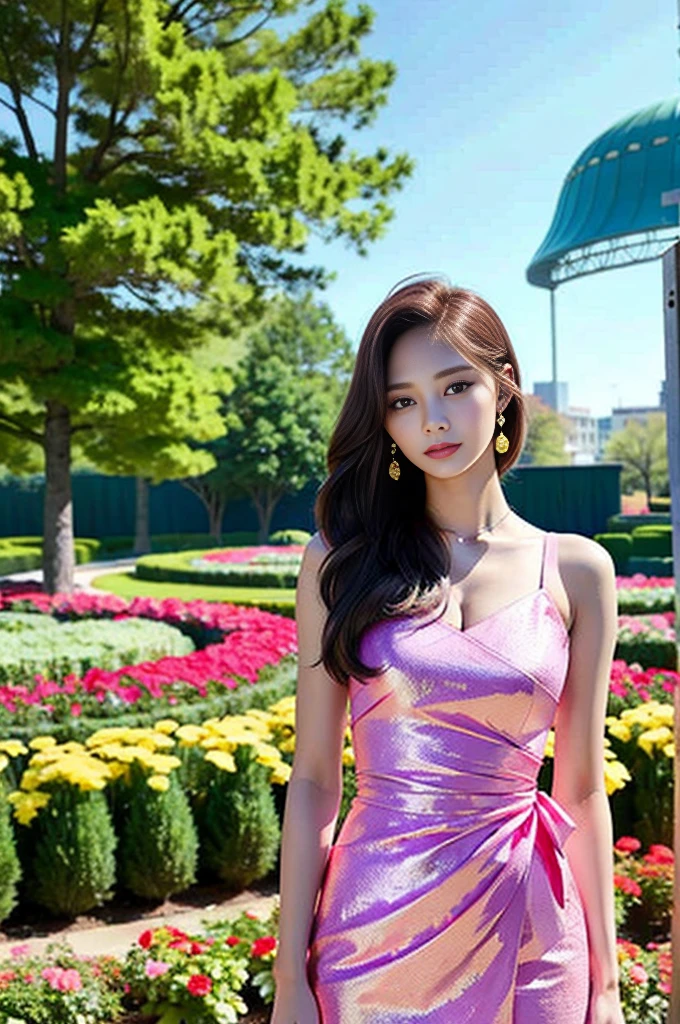 Tzuyu 1, woman, (Realistic), (Hyperrealism), (photoRealistic), Written boundary depth, eye make up:0.7 (whole body:1.8), (Large Bust),(Tight waist), Observe the audience,At the flower garden, Fashion Model, A sexy dress with open shoulders and neckline