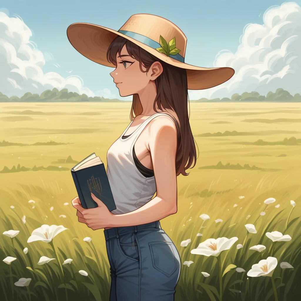 score_9, score_8_up, score_7_up, score_6_up, score_5_up, score_4_up,side view, Studio type illustration,Story book illustration,oil painting, field of tulips and leaf,white tulips, a beautiful female, highlighed hairs,wearing tanktop,hats,standing in the Middle the feild, 