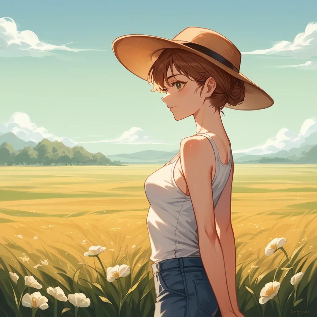 score_9, score_8_up, score_7_up, score_6_up, score_5_up, score_4_up,side view, Studio type illustration,Story book illustration,oil painting, field of tulips and leaf,white tulips, a beautiful female, highlighed hairs,wearing tanktop,hats,standing in the Middle the feild, 