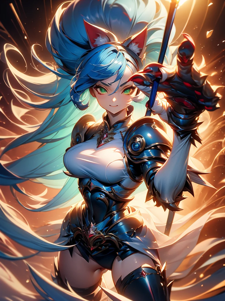 ((Masterpiece, Best Quality, anime style)), Felicia, Blue hair, Green eyes, cat eyes, Cat tail, busty, big breasts, big ass, happy, smile, kicking, giving a kick, sexy white plate armor, gauntlets armors, graves armors, lewd, in a medieval city, illustration, ultra-detailed 8K, clear focus, highly detailed, professional lighting, colorful details, colors BREAK,