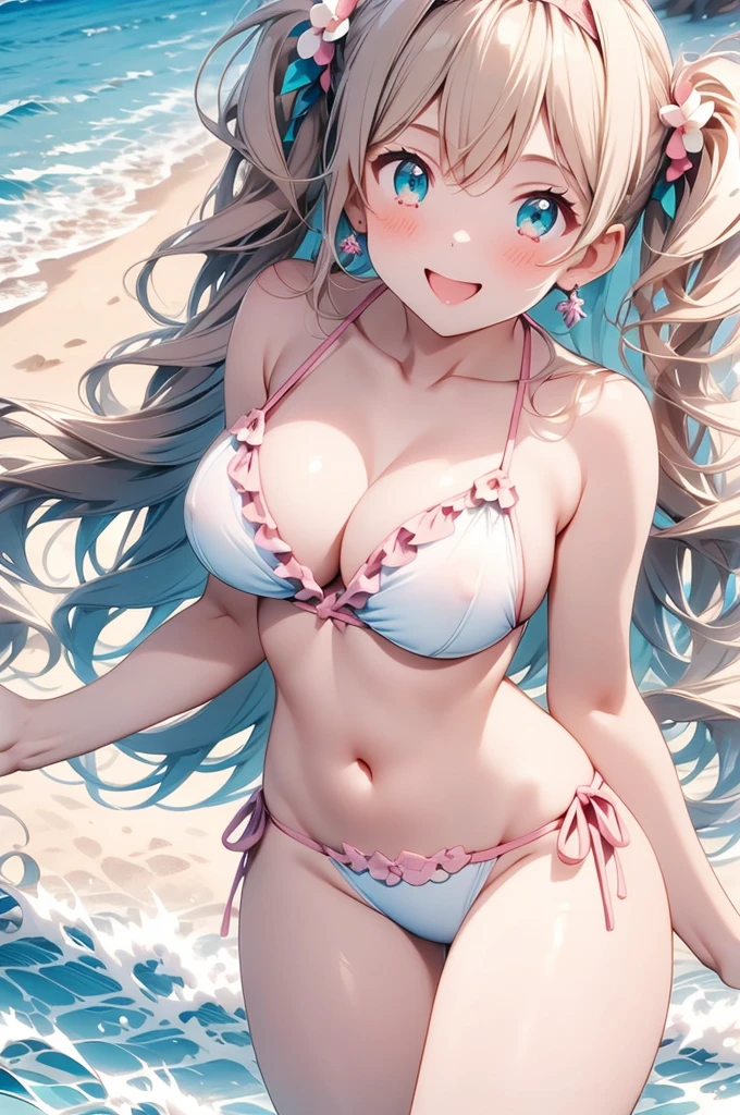A beautiful girl wearing a sexy bikini, anime girl, white flowered pink bikini, running on the beach, playing with water, blue sky with white cloud, turquoise blue sea, white sands, coconut palm trees, big round breasts, slim waist, beautiful legs, shapely thighs, thin arms, slim body, defined body, sexy girl, dark brown hair, bangs, long hair, messy hair, twintails, wavy hair, expressive hair, hair strand, shiny hair, hair ornament, ta hairband, aqua eyes, pupils sparkling, earrings, smile, open mouth, blush, tongue, seductive smile, high detail, anime, anime style, dithering, image fill, depth of field, glowing light, outside border, pov, first-person view, from below, atmospheric perspective, panorama, Wide-Angle, f/1.8, 85mm, Nikon, 8k, super detail, UHD, masterpiece, anatomically correct, super detail, high quality, best quality