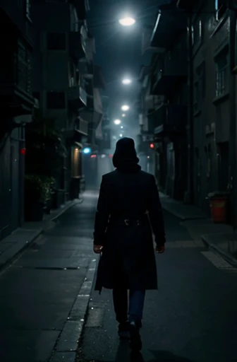 dark blue night, mysterious figure walking away, misty , some lampposts