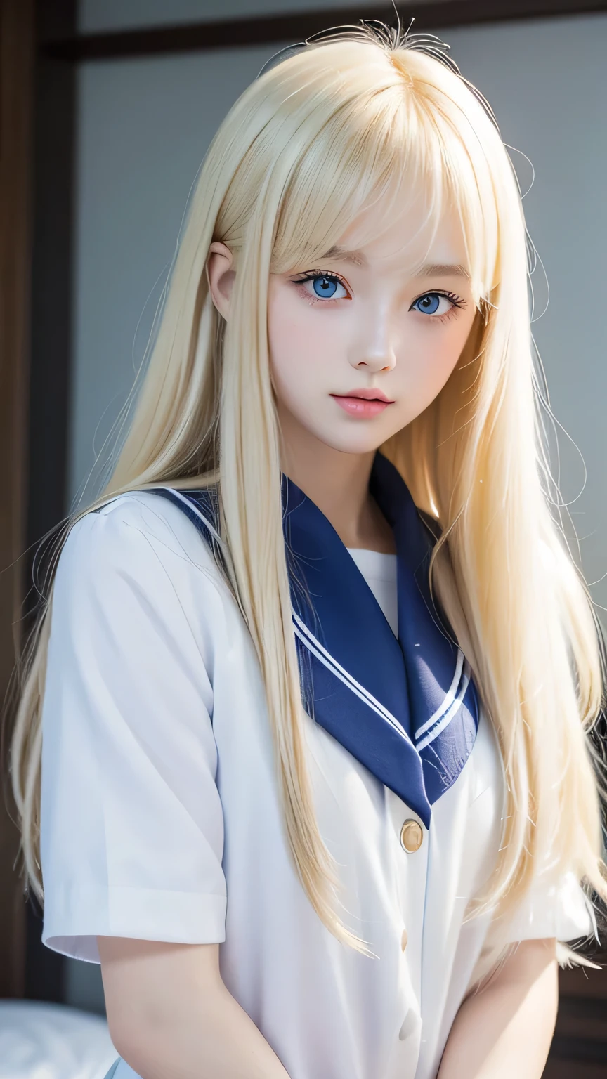 Sexy and beautiful pretty cute face、Russian beautiful girl、Very long and beautiful straight hair、Beautiful blonde hair with a golden sheen、Very cute beautiful face,Sexy, cute and beautiful 16 year old、Her big, shining pale blue eyes are cute..、Snow-white skin、Glowing, beautiful skin,Long bangs cover a pretty face、She has beautiful, clear, natural blonde, silky soft hair.、Very cute beautiful girl、School uniforms、Japanese Sailor Suit、