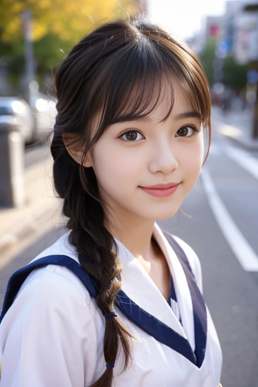 ((Cute 15 year old Japanese))、on the road、Highly detailed face、Pay attention to the details、double eyelid、Beautiful thin nose、Sharp focus:1.2、Beautiful woman:1.4、Cute Hairstyles、Pure white skin、Highest quality、masterpiece、Ultra-high resolution、(Realistic:1.4)、Highly detailed and professional lighting、nice smile、Japanese school girl uniform