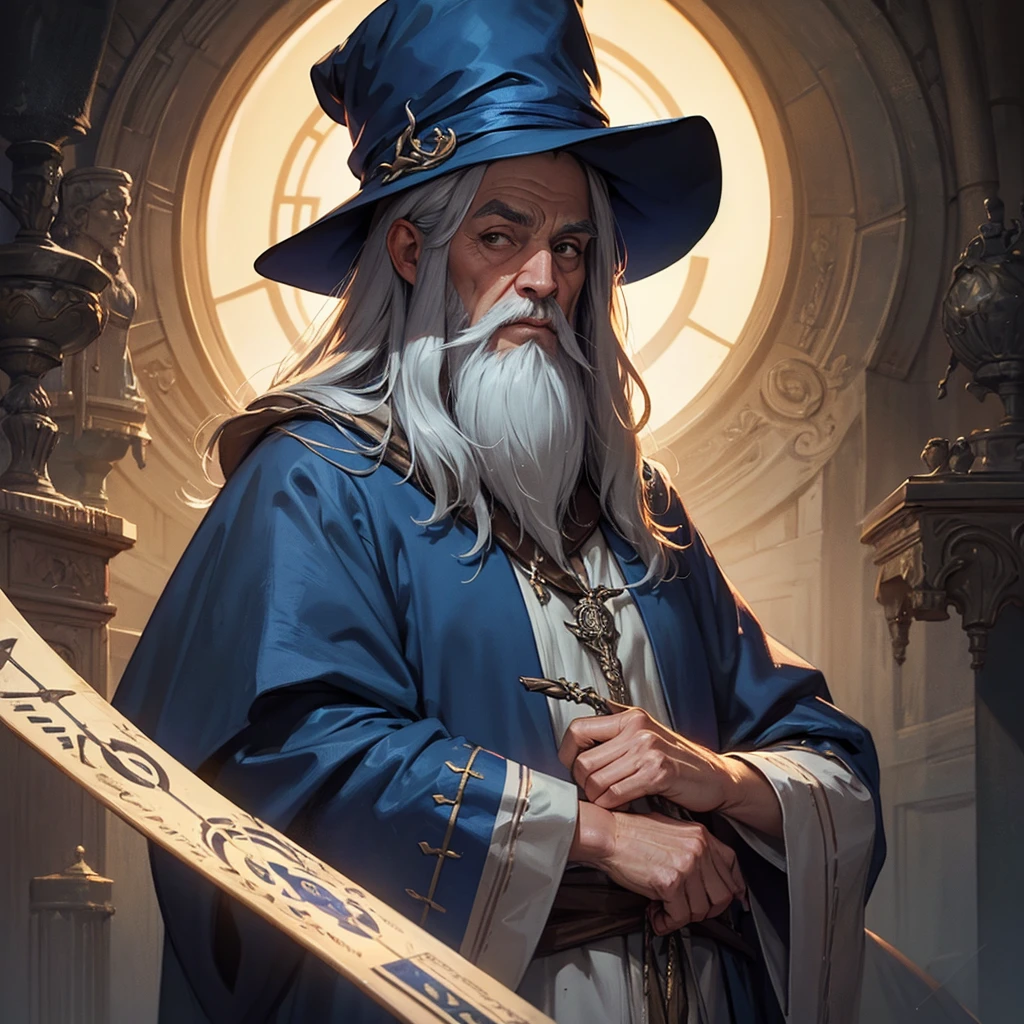 a cartoon wizard with a long beard and a hat, Gandalf-like, blue robes, spell casting, looking at camera, arms open, detailed facial features, intricate textures, vibrant colors, cinematic lighting, digital art, concept art style