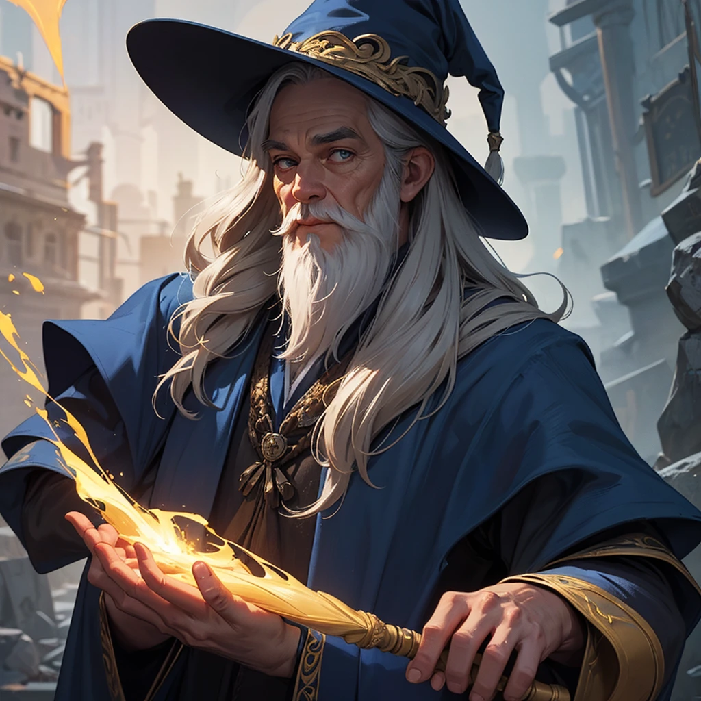 a cartoon wizard with a long beard and a hat, Gandalf-like, blue robes, spell casting, looking at camera, arms open, detailed facial features, intricate textures, vibrant colors, cinematic lighting, digital art, concept art style