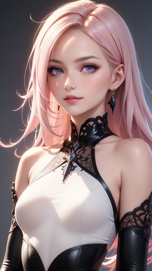 (masterpiece, best quality), intricate details, thin, ((slim)), beautiful girl, Light pink hair, white skin, light purple eyes, sharp jawline, Looking forward in serious black outfit , messy hair, lips, upper body, smirk