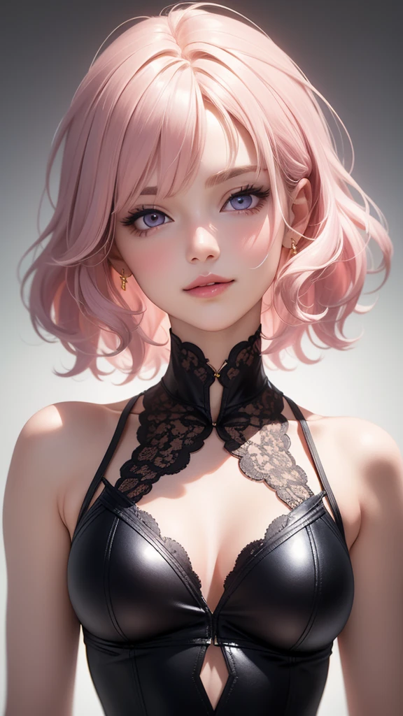 (masterpiece, best quality), intricate details, thin, ((slim)), beautiful girl, Light pink hair, white skin, light purple eyes, sharp jawline, Looking forward in serious black outfit , messy hair, lips, upper body, smirk