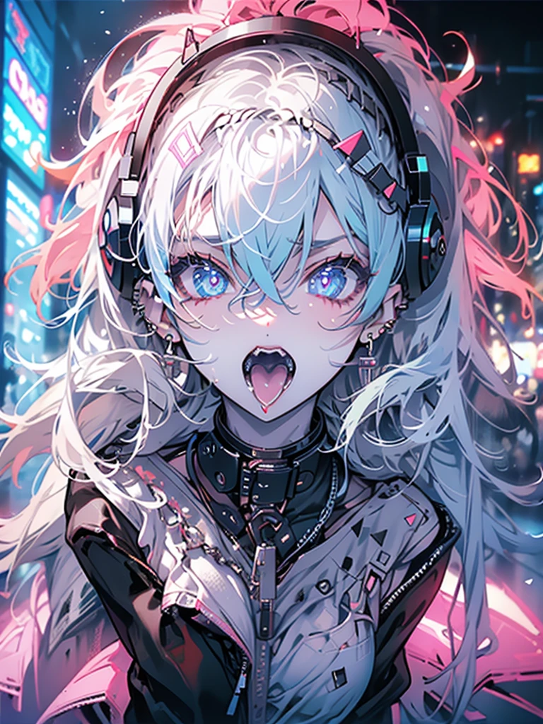 Highest quality,Highest Resolution,sexy,Neon Town,Short Bob,Very beautiful eyes,sweat profusely,Open your mouth wide and stick out your tongue,Big Breasts,whole body,Transparent nipples