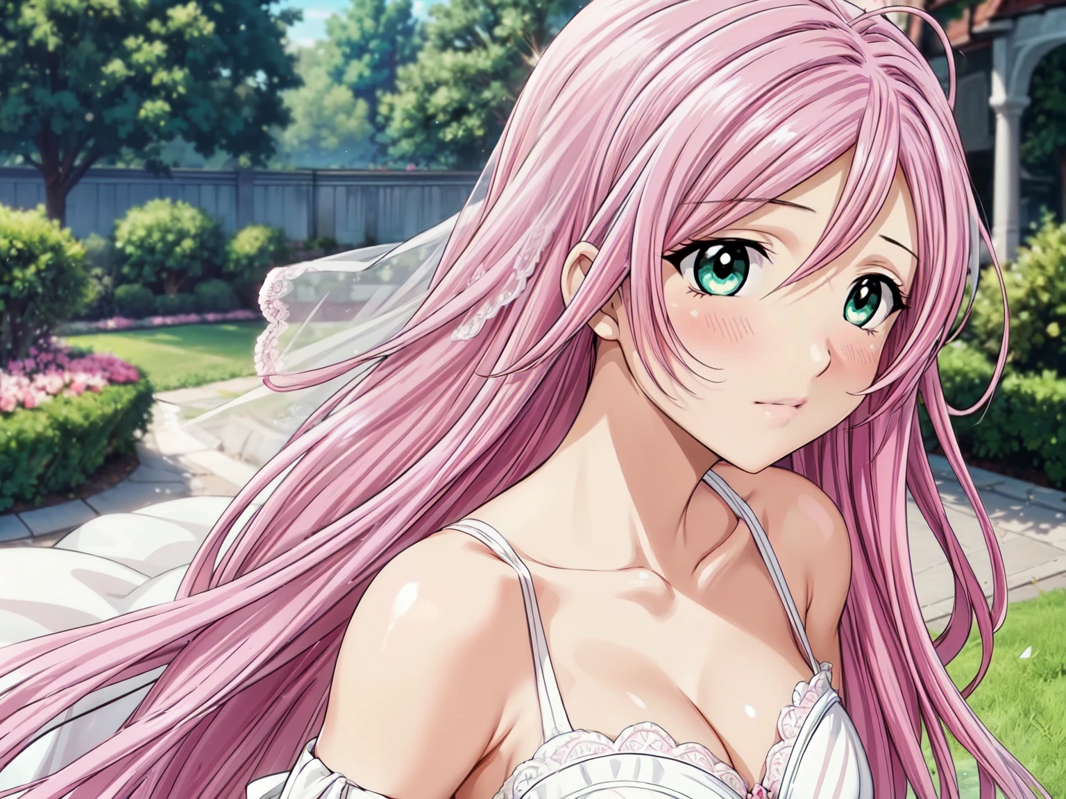 (masterpiece, best quality, beautiful and aesthetic:1.3), 1woman, solo, matured woman, (bright pink hair streaked silver:1.4), (Gradient pink hair ends:1.6), hair strand, absurdly long hair, single sidelock, wavy hair, shiny hair, floating hair, (deep green eyes), delicate eyes, aqua eyes, super high detailed eyes, long upper eyelashes, makeup, Focus on face, Very detailed facial, Perfect breasts, hot body, (Delicate skin texture:1.2), bridal veil, lace-trimmed dress, see-through, wedding dress, outdoors, white roses, garden, morning, standing, extreme detailed, (A little embarrassing)
