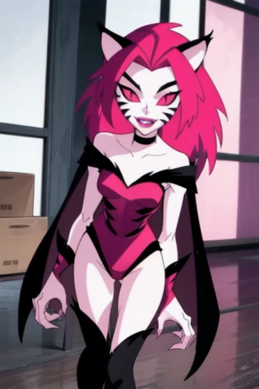 NyaNya, 1girl, solo, pink eyes, pink hair, pink skin, long hair, cat ears, pink sclera, cat tail, claws, slit pupils, pink lips, whisker markings, pink leotard, fangs, bare shoulders, choker, black leggings, room, cape, cloak