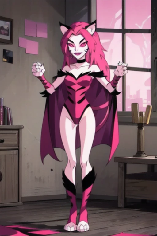 NyaNya, 1girl, solo, pink eyes, pink hair, pink skin, long hair, cat ears, pink sclera, cat tail, claws, slit pupils, pink lips, whisker markings, pink leotard, fangs, bare shoulders, choker, black leggings, room, cape, cloak