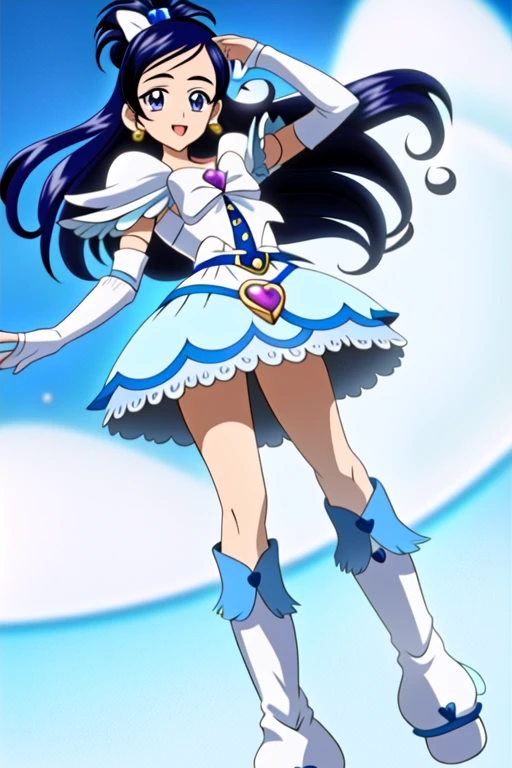 (masterpiece), best quality, (cel anime), highest quality, ((high detail:1.2)), (HDR), (cinematic light:1.1), highres, (5 fingers:1.2), (ultimate cute girl), highres, 1girl, solo, Big Breasts (curewhite:1.5),(little girl:1.5), (full body), half updo, blue sky, park, jewelry, white footwear, earrings, dress, boots, white dress, heart, brooch, magical girl, knee boots, heart brooch, frills, ribbon, bow, black hair, leg warmers, arm warmers, blue hair, heart earrings, black eyes, gloves, hair ornament, smile,(model pose)