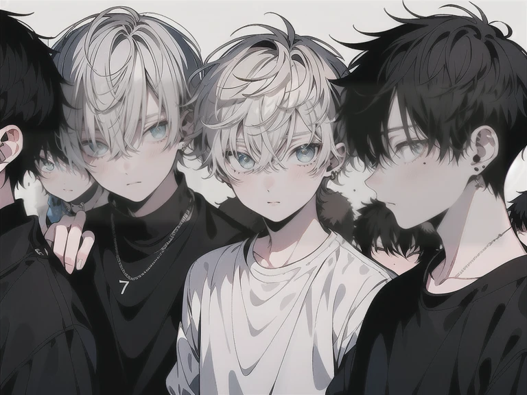 (Masterpiece), (Best Quality), Very detailed, (( 7 Friends:1.5)), Perfect Face, Beautiful Face, Very detail, (short Black-haired man), (short Silver-haired man), (short Blonde-haired man), (short Dark-curly haired man), (short Golden-haired man), (short Brown-haired man), (short White-haired man)、white shirt、standing at a distance, facing away from the camera