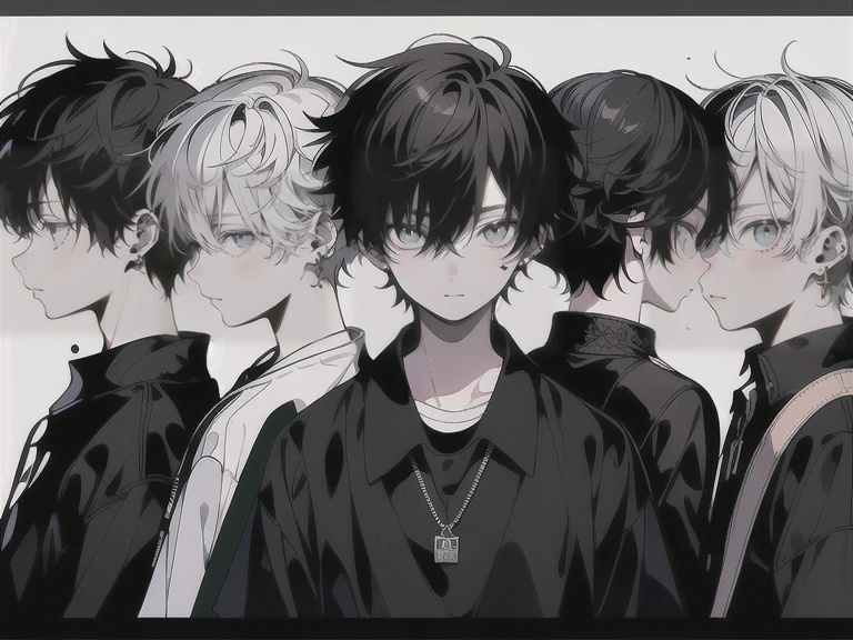 (Masterpiece), (Best Quality), Very detailed, (( 7 Friends:1.5)), Perfect Face, Beautiful Face, Very detail, (short Black-haired man), (short Silver-haired man), (short Blonde-haired man), (short Dark-curly haired man), (short Golden-haired man), (short Brown-haired man), (short White-haired man)、white shirt、standing at a distance, facing away from the camera