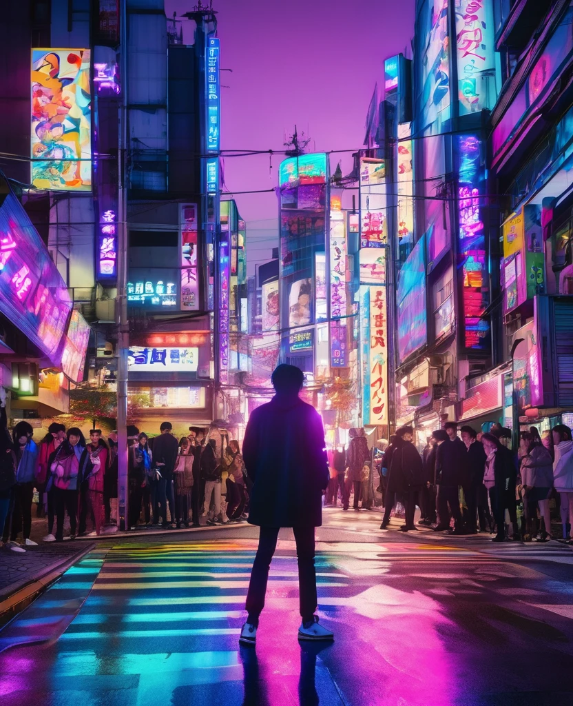 Yuji Itadori (dynamic pose), Shibuya city skyline (bustling urban atmosphere), nighttime setting (neon lights glowing), high-energy vibe (intense and adventurous), shadows and reflections (creating depth), in action (sprightly motion), surrounded by a crowd (adds life), dramatic colors (vibrant blues and purples), ultra-detailed, 4K quality, cinematic style.