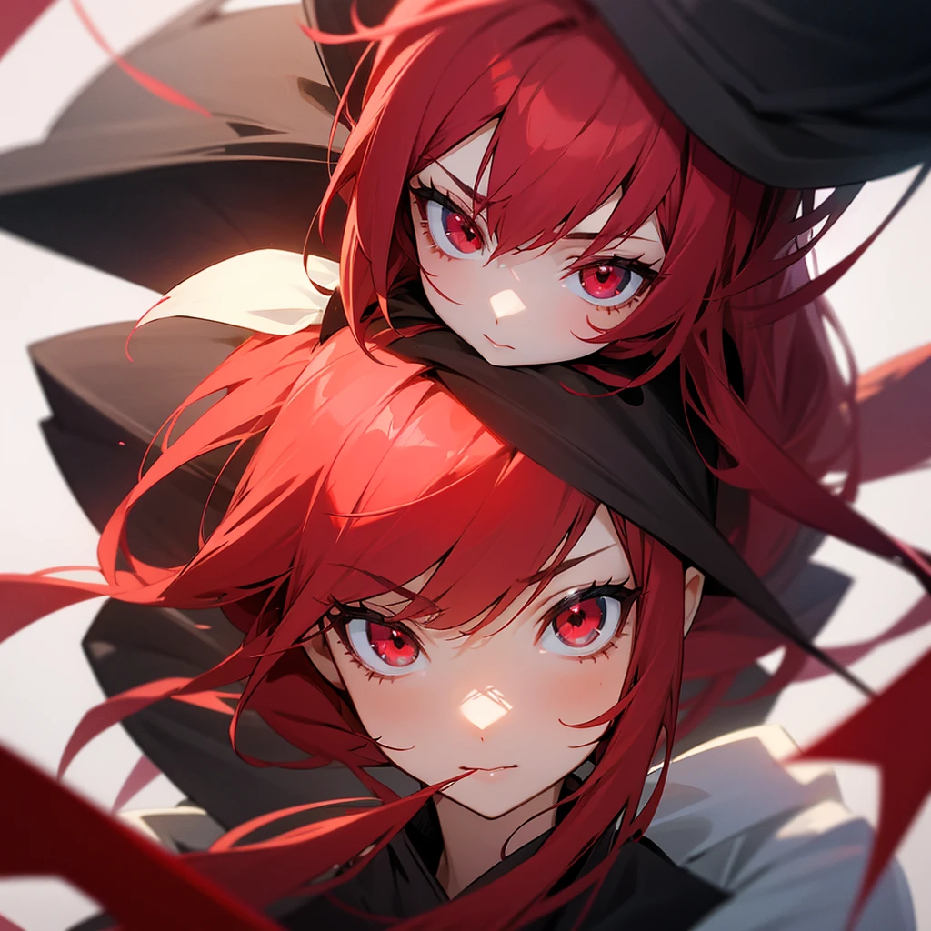 Beautiful girl with red hair, With Four of a Kind, with red eyes 