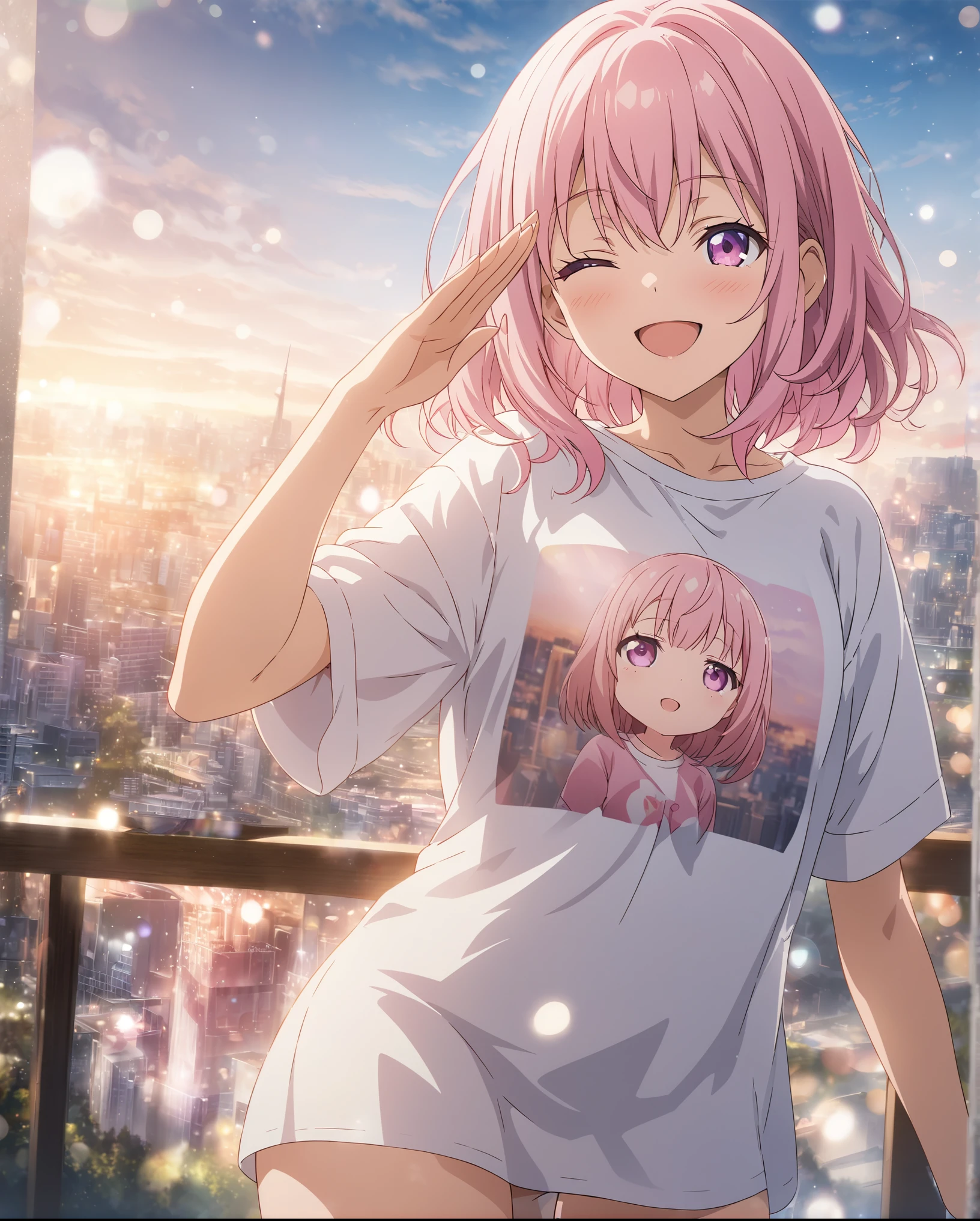 Twin girls, masterpiece, Highest quality, Highly detailed CG Unity 8k wallpaper, High School Girl Anime Illustration, Knee-length oversized T-shirt、salute、she has her eyes closed and mouth open, smile. The background is a realistic city, Pink Hair Color, Pink Eyes, Pink eyelashes, Cowboy Shot, morning, Bokeh Photo, (Soft Focus):1.2, Out of focus highlights, Dreamy atmosphere, Fascinating Depth, Chibi