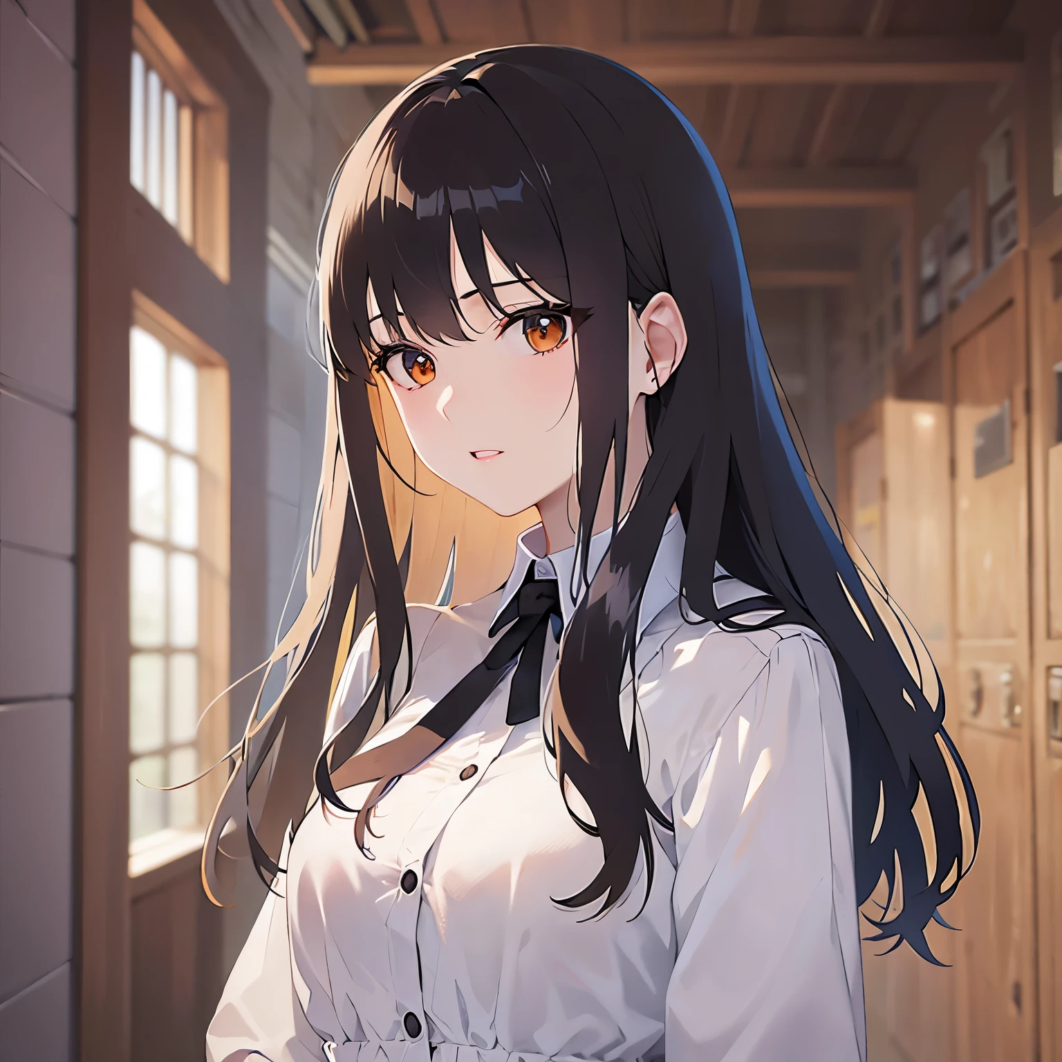 （looking away:1.5）,Upper Body,hand up、
 Realistic, real person, (pale skin: 1.2), RAW photo, photorealistic, shiny skin, shiny hair、
(A 25-year-old woman with medium-length hair and bangs) and (wavy hair) and (brown hair) and (orange eyes) 、
nervous,Are standing、White long sleeve dress with collar、The background is the entrance