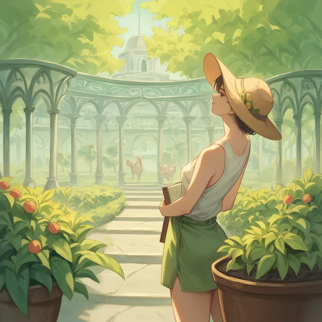 score_9, score_8_up, score_7_up, score_6_up, score_5_up, score_4_up,side view, Studio type illustration,Story book illustration,oil painting, garden tulips and leaf,white tulips, a beautiful female, highlighed hairs,wearing tanktop,hats,standing in the Middle the feild, 