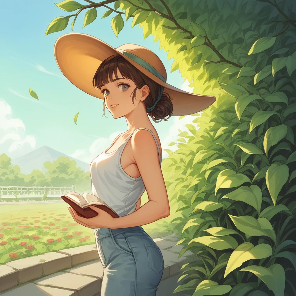 score_9, score_8_up, score_7_up, score_6_up, score_5_up, score_4_up,side view, Studio type illustration,Story book illustration,oil painting, garden tulips and leaf,white tulips, a beautiful female, highlighed hairs,wearing tanktop,hats,standing in the Middle the feild, 