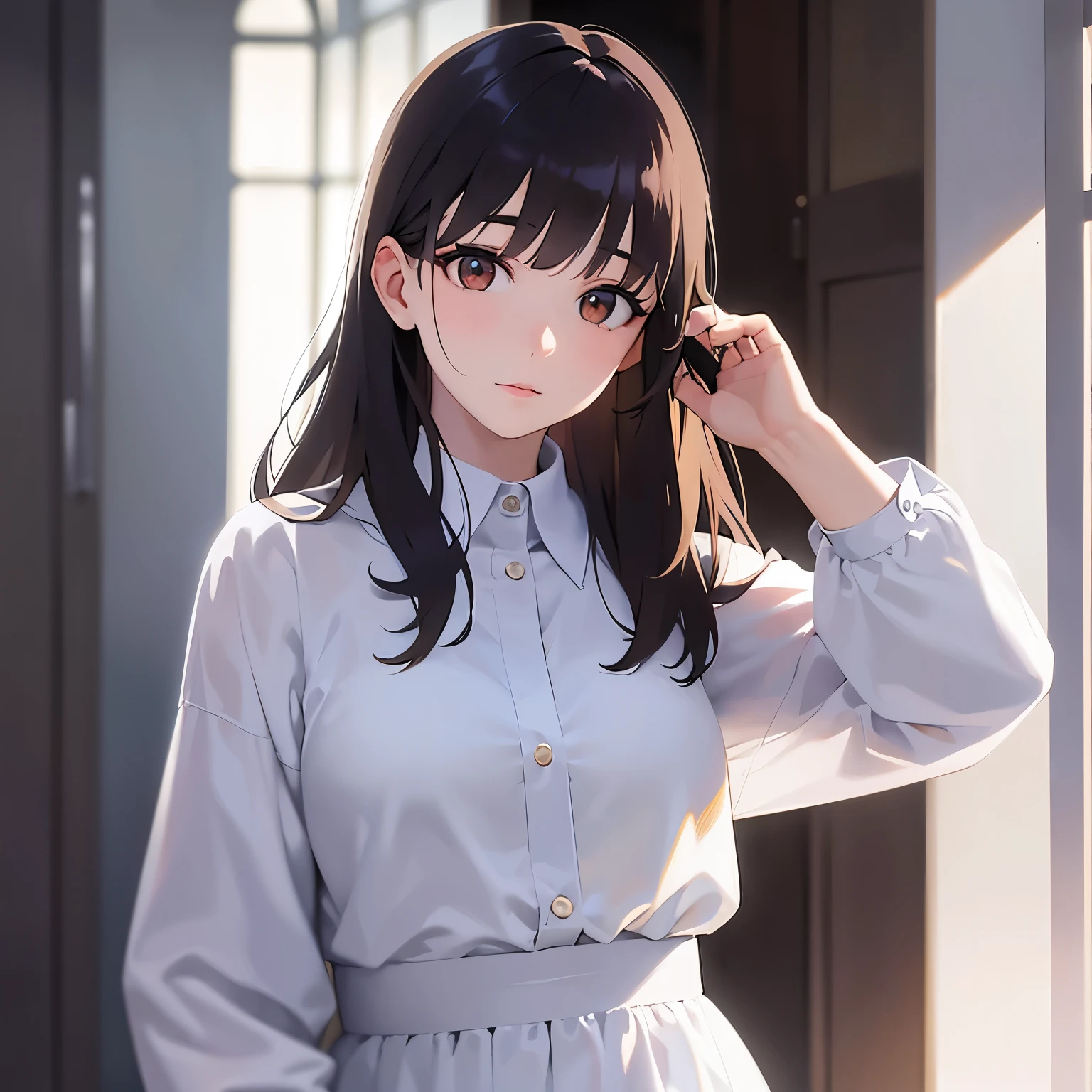 (looking away:1.5),Upper Body,(Hands on ears:1.5)、
Realistic, real person, (pale skin: 1.2), RAW photo, photorealistic, shiny skin, shiny hair、
(A 25-year-old woman with medium-length hair and bangs) and (wavy hair) and (brown hair) and (orange eyes) 、
nervous,Are standing、White long sleeve dress with collar、The background is the entrance