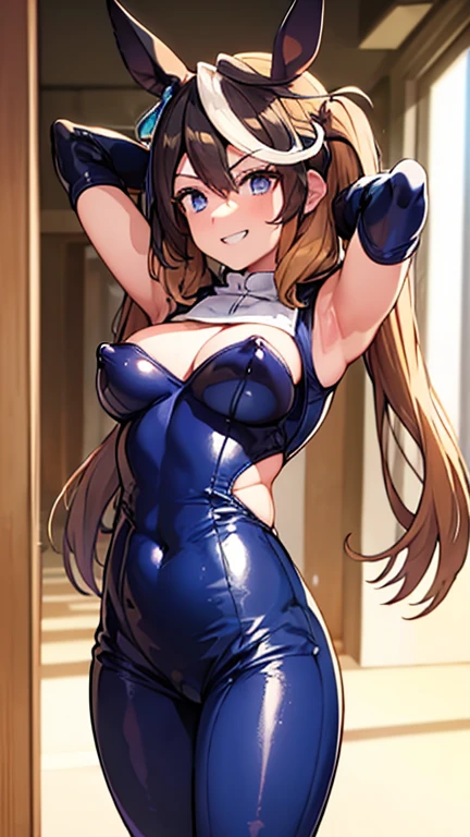 1girl, solo, twintails, blond hair, blue eyes, (grin:1.2), shiny body, shiny hair, shiny skin, medium breasts, (reverse bunnysuit:1.3), casino, nipples, nsfw,