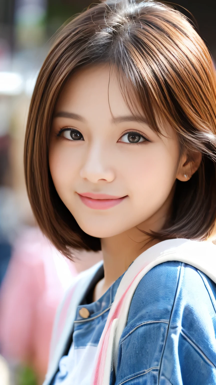 Cute 21 year old Japanese、city、shopping、Highly detailed face、Pay attention to the details、double eyelid、Beautiful thin nose、Sharp focus:1.2、Beautiful woman:1.4、(Light brown hair,short hair、),Pure white skin、Highest quality、masterpiece、Ultra-high resolution、(Realistic:1.4)、Highly detailed and professional lighting、nice smile、Please show me your whole body、Cute Spring Clothes、